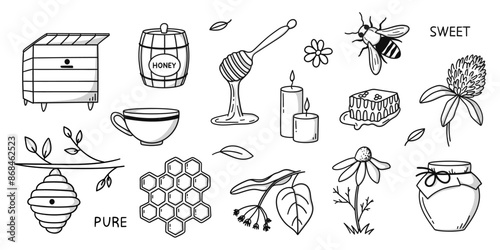 Vector collection of beekeeping and honey items hand-drawn in doodle style