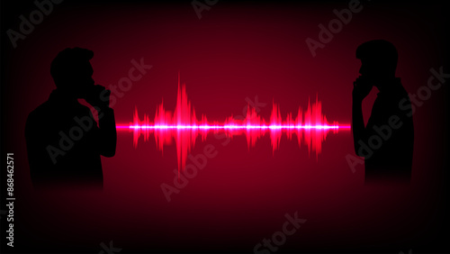 silhouette of two people talking with the symbol Sound Wave Blue Digital Frequency wavelength graphic design Vector Illustration 