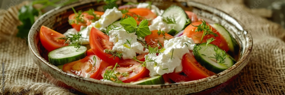 Fragrant Herb Cheese Vegetable Salad with Large Sliced Tomatoes, Cucumbers, Red Bell Pepper