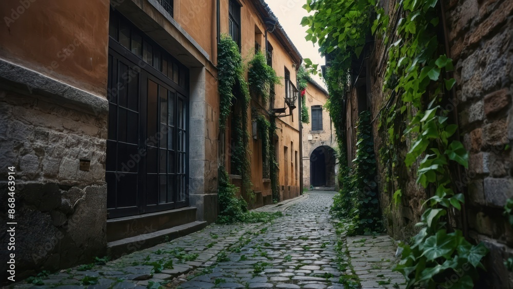 A deserted alleyway in an old town with cobblestones and ivy covered walls, evoking timeless charm A deserted alleyway in an old town with cobblestones and ivy covered walls, evoking timeless charm