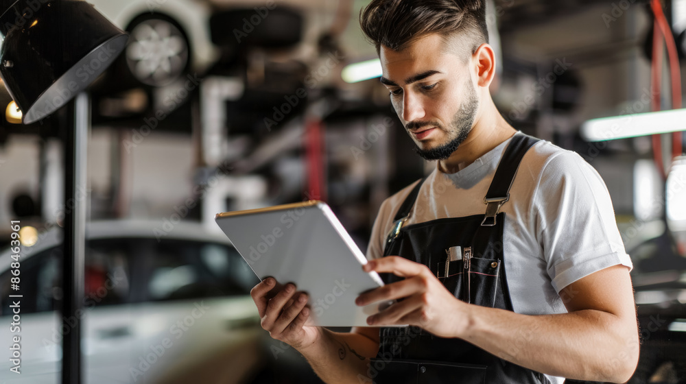 Mechanic in a car repair shop using a digital tablet for diagnostics, illustrating the integration of technology in automotive maintenance and repair Mechanic in a car repair shop using a digital tablet for diagnostics, illustrating the integration of technology in automotive maintenance and repair