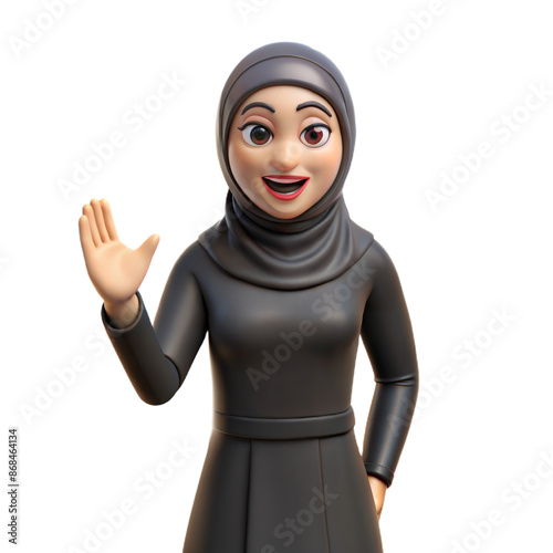 3D Animated Woman Waving Hello In Black Abaya And Hijab