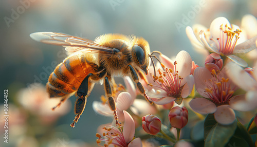 Close-Up Macro Shot of a Bee Pollinating a Flower, Gathering Nectar ,Bees Role in Ecosystem Pollination. 