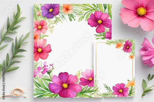 A blank wedding invitation adorned with a watercolor floral frame