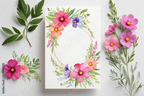 A blank wedding invitation adorned with a watercolor floral frame