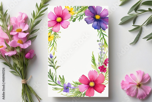 A blank wedding invitation adorned with a watercolor floral frame