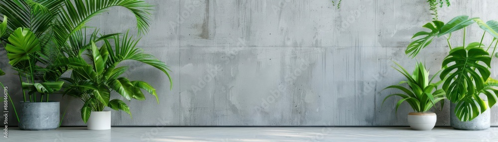 Green plants in white pots against a gray wall. Green plants in white pots against a gray wall.