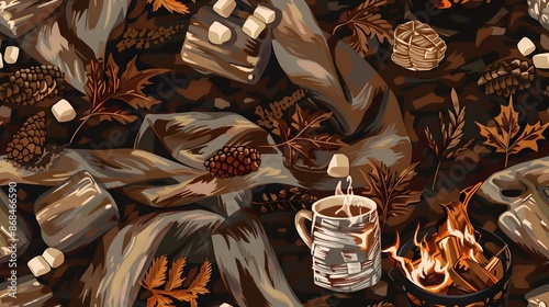 Crackling Autumn Bonfire with Mugs of Cider and Marshmallows in a Woodsy Mountain Cabin Setting photo