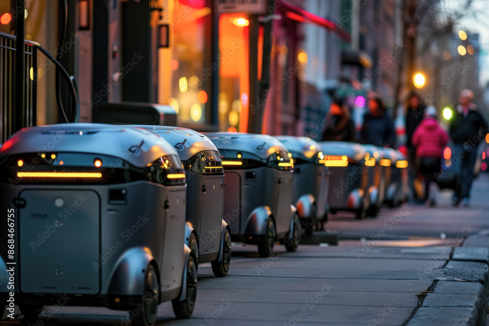 Fototapeta premium Rows of autonomous delivery robots on the city sidewalk at dusk, demonstrate the future of urban delivery and technological progress