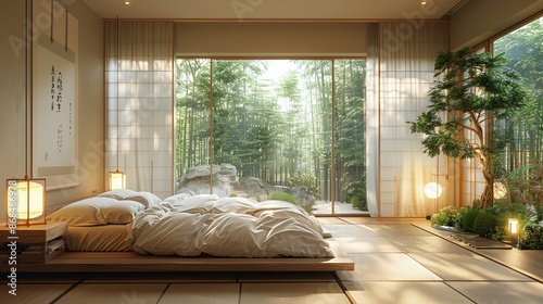Minimalist bedroom Japanese influences low platform bed shoji screens bright natural lighting © Tonpoht