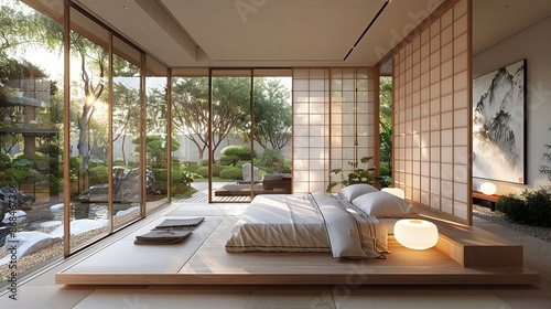 Minimalist bedroom Japanese influences low platform bed shoji screens bright natural lighting