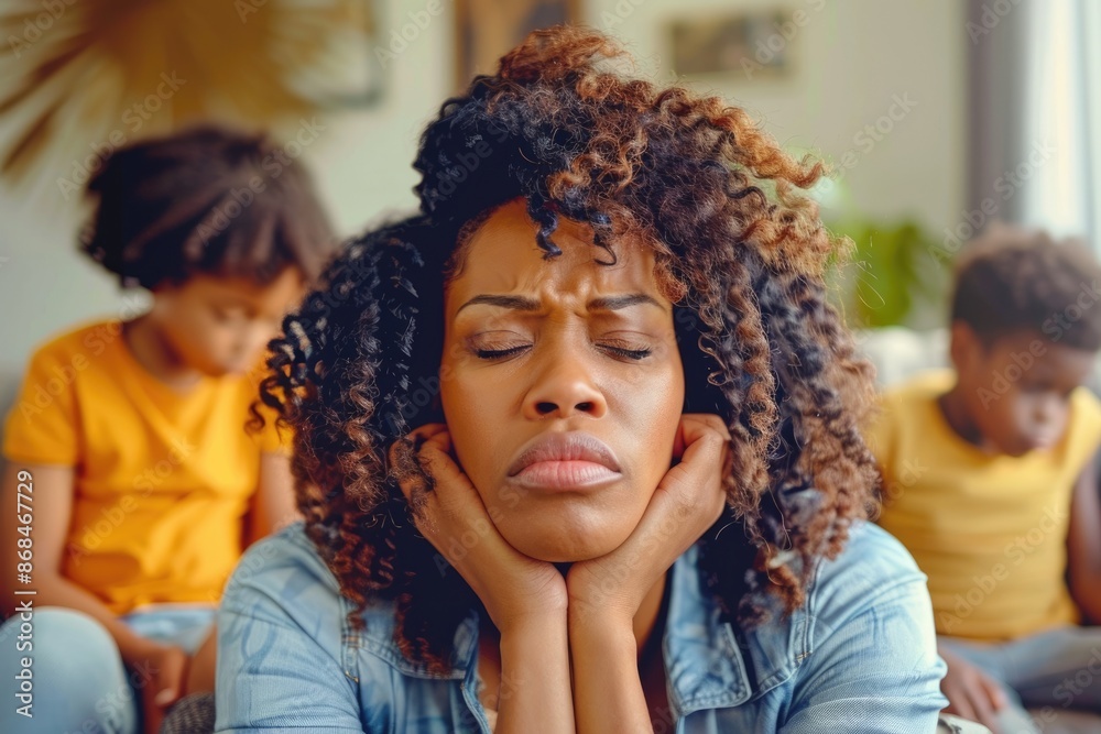 Tired Mom. Frustrated African American Mom Annoyed by Children's Bad Behavior Tired Mom. Frustrated African American Mom Annoyed by Children's Bad Behavior
