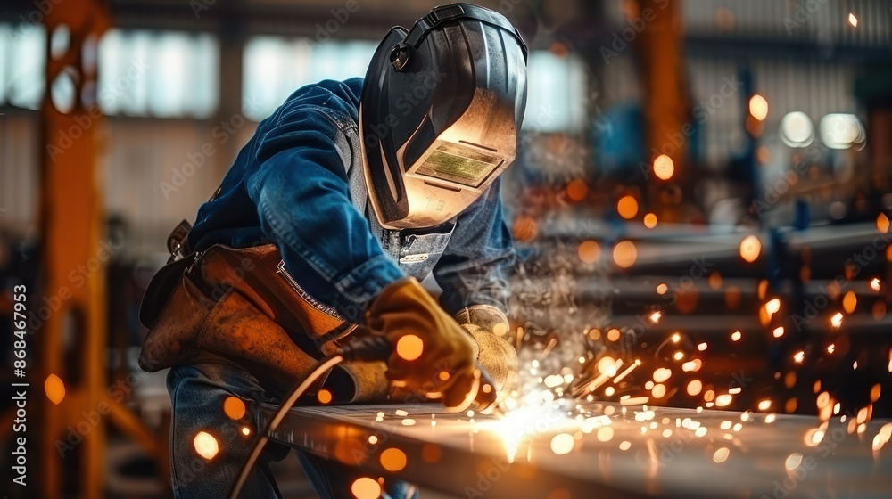 Welder with sparks flying, showcasing a skilled tradesperson working on a metal fabrication project wearing safety gear , welding industry concept. Welder with sparks flying, showcasing a skilled tradesperson working on a metal fabrication project wearing safety gear , welding industry concept.