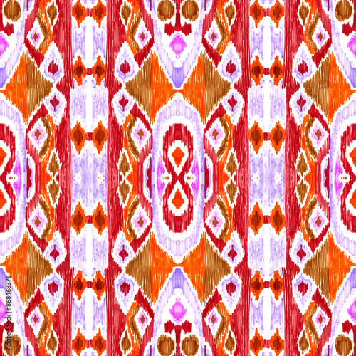 Ethnic abstract art ikat. Seamless ornamental print. Geometric ethnic pattern seamless color oriental. Design for background, curtains, carpets, wallpaper, clothes, packaging, batik.