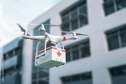 Medical delivery drone flying near a modern hospital building, carrying a first aid box with a red cross, symbolizing innovation in emergency healthcare logistics