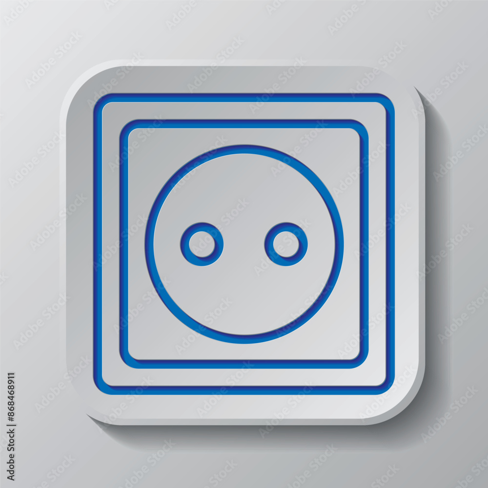 Power socket simple icon vector. Flat design. Paper cut design. Cutted blue symbol with shadow. Gray badge button, gray background Power socket simple icon vector. Flat design. Paper cut design. Cutted blue symbol with shadow. Gray badge button, gray background