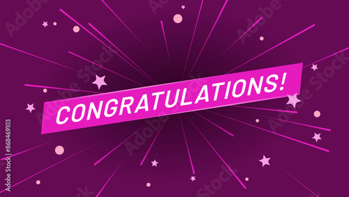 Winner fireworks illustration. Rich violet background for victory celebration with text congratulations and sparkles. First place award template. Success achievement banner for website