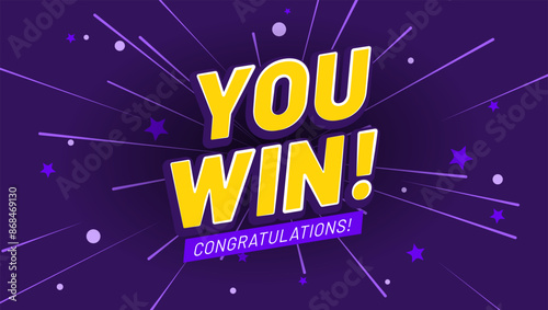 Winner fireworks illustration. Rich violet background for victory celebration with text you win, congratulations and fireworks. First place award template. Success achievement banner for website
