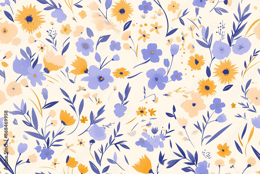 Obraz premium Playful floral pattern with bright yellow and blue flowers on a white background, creating a cheerful and lively design.