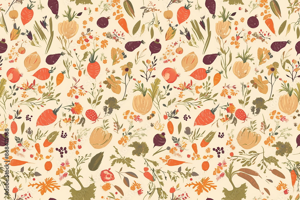 Seamless pattern featuring a variety of autumn vegetables and flowers. Ideal for fall-themed designs, rustic wallpapers, and kitchen textiles. Seamless pattern featuring a variety of autumn vegetables and flowers. Ideal for fall-themed designs, rustic wallpapers, and kitchen textiles.