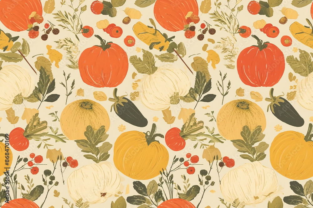 Seamless pattern with pumpkins and various vegetables in warm colors. Perfect for autumn-themed designs, kitchen decor, and seasonal textiles. Seamless pattern with pumpkins and various vegetables in warm colors. Perfect for autumn-themed designs, kitchen decor, and seasonal textiles.