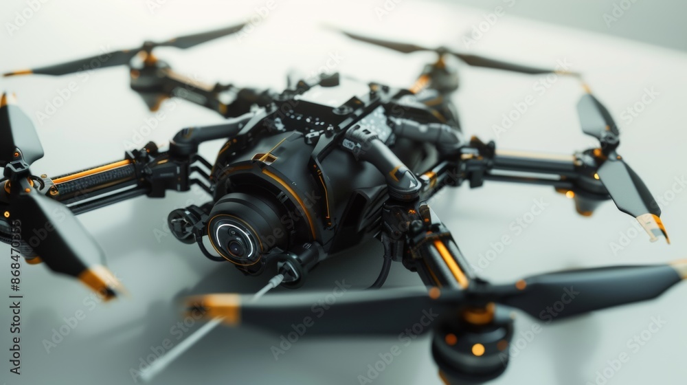 Military surveillance drone against a light background. Military surveillance drone against a light background.