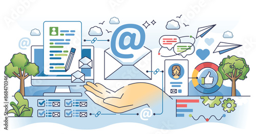 Personalized email marketing campaigns for advertising outline hands concept. Business communication automation using e-mail letters and messages to reach customer or client vector illustration.