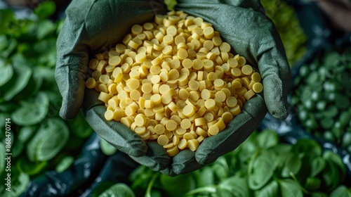 Green, homogeneous, round bioplastic granules in hands taken out of a bag, close-up photo