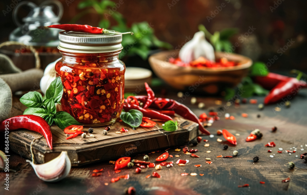 Jar of homemade chili sauce with fresh red chili peppers, garlic, and basil leaves on a rustic wooden board, creating a cozy and spicy kitchen atmosphere Jar of homemade chili sauce with fresh red chili peppers, garlic, and basil leaves on a rustic wooden board, creating a cozy and spicy kitchen atmosphere