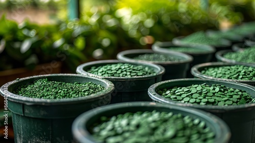 Green, homogeneous, round bioplastic granules in hands taken out of a bag, close-up