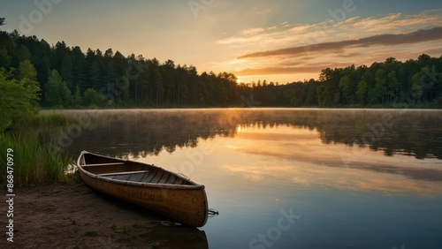 An old canoe pulled up on the shore of a quiet lake with a serene sunset backdrop © Kumblack