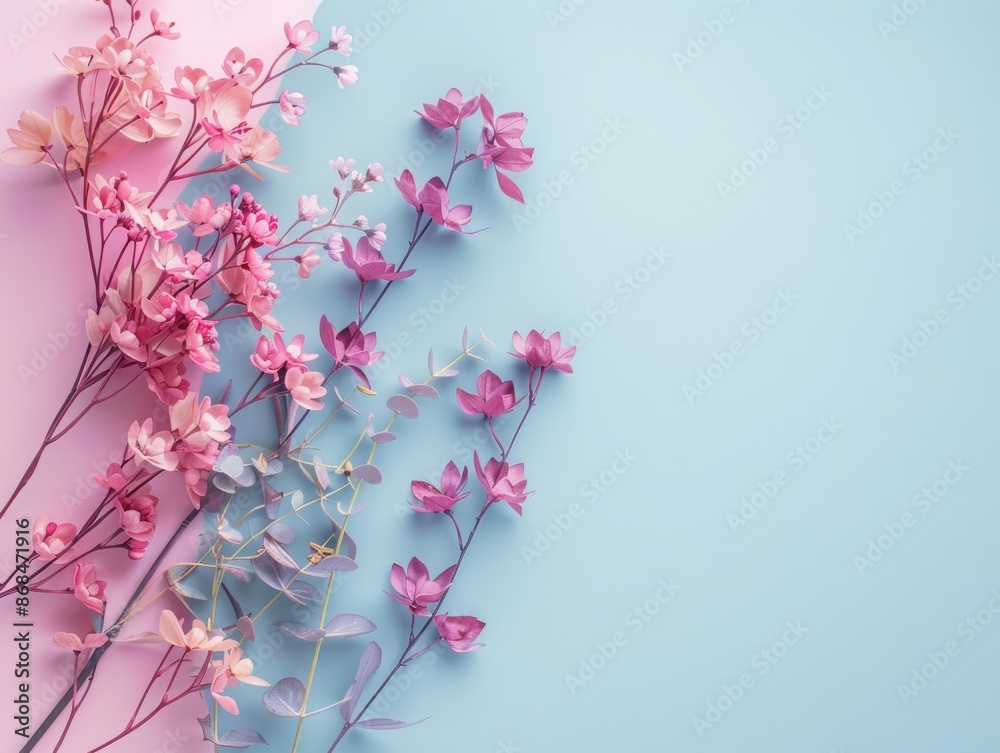 Pink and purple flowers on pastel background
Pink and purple flowers on pastel background