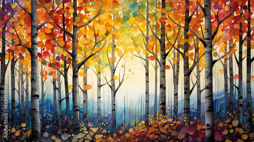 bright color autumn aspen trees in painting style.