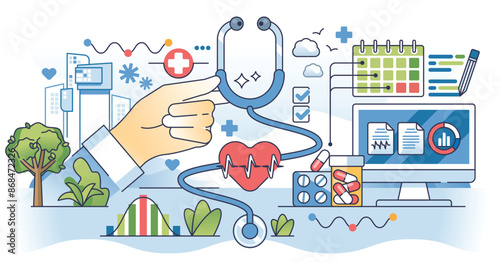 Healthcare marketing and pharmacy management service outline hands concept. Health care application with patient database, diagnostics and prescription pills vector illustration. Clinic advertisement
