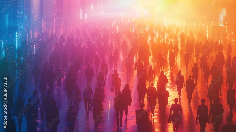 A Large Group of People Walking Down a City Street at Night With Colorful Lights - Generative AI A Large Group of People Walking Down a City Street at Night With Colorful Lights - Generative AI