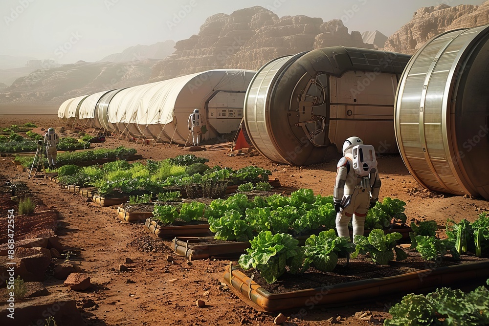 Astronauts are growing vegetable on Mar, Astronaut farming and harvest in the space galaxy Astronauts are growing vegetable on Mar, Astronaut farming and harvest in the space galaxy