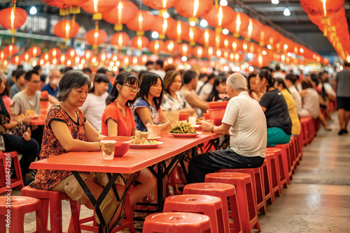 A kaleidoscope of flavors! A bustling Singapore hawker center with locals enjoying a vibrant mix of modern and traditional Asian cuisine.