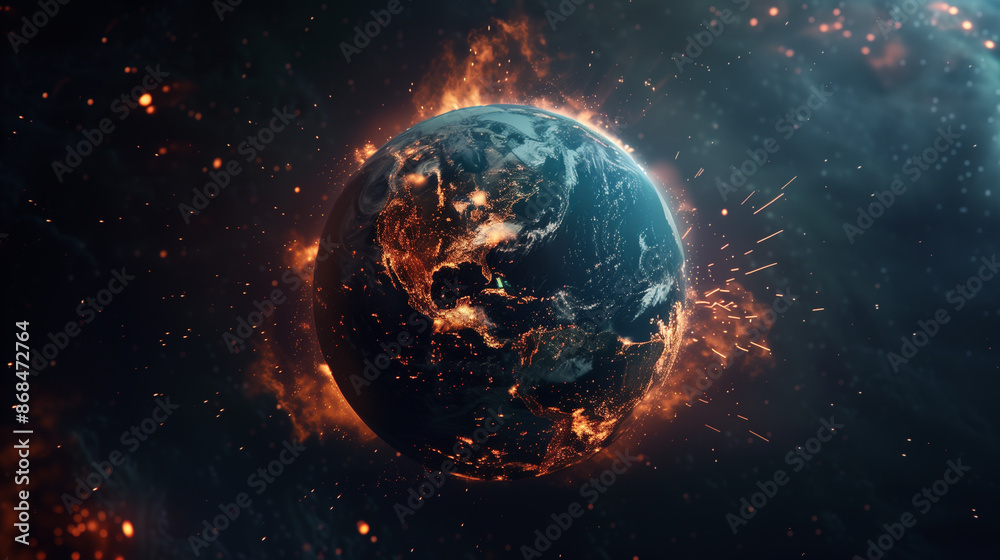 Earth in space with fiery explosion effects around the globe Earth in space with fiery explosion effects around the globe