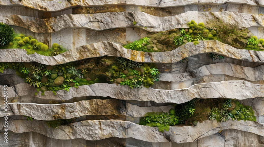 Screen wall featuring layered shale and moss, arranged in a pattern that mimics natural rock formations, blending organic elements with architectural design Screen wall featuring layered shale and moss, arranged in a pattern that mimics natural rock formations, blending organic elements with architectural design