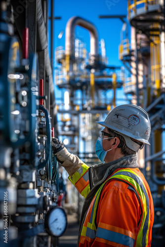 A professional photograph for advertising, featuring workers at a gas plant. The image captures a team of professionals wearing safety gear, actively engaged in monitoring and maintaining equipment
