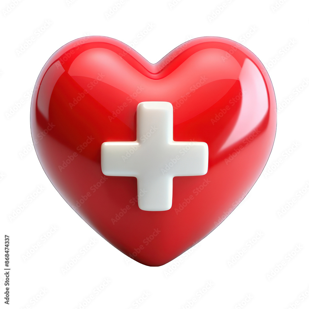 Red heart with white plus sign 3d isolated on transparent background