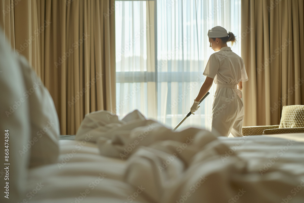 Maid in hotel room, working on housekeeping tasks, employee ensuring clean and tidy interior. Maid in hotel room, working on housekeeping tasks, employee ensuring clean and tidy interior.