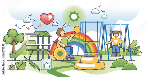 Inclusive playground for kids activities with special needs outline concept. Disabled children with physical challenges entertainment possibilities for equality and accessibility vector illustration.