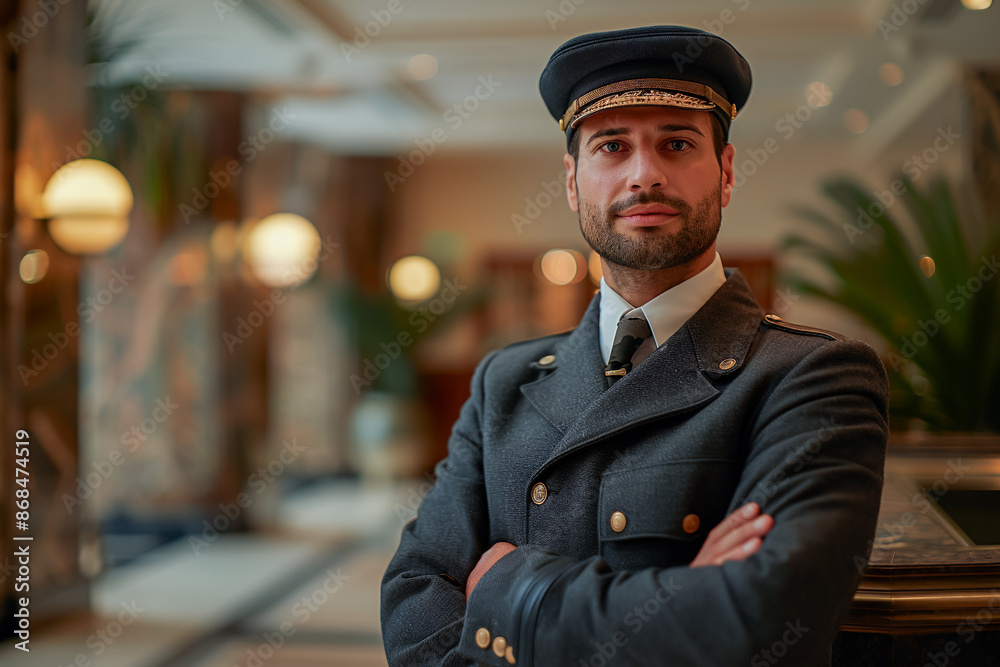 Doorman in hotel lobby, hospitality and travel occupation, staff with open door.