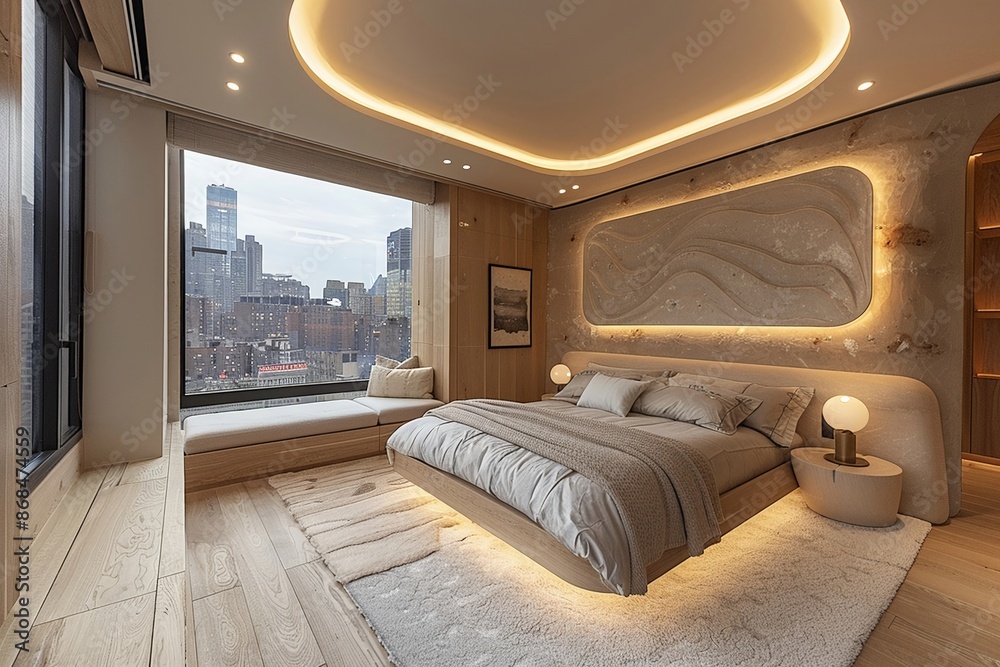 Modern bedroom minimalist design bright lighting neutral palette sleek furniture spacious feel Modern bedroom minimalist design bright lighting neutral palette sleek furniture spacious feel