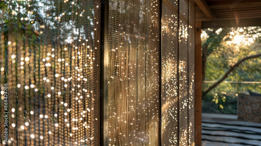 Fototapeta premium Screen wall featuring panels of woven wire and beads, creating a sparkling effect when hit by sunlight, while offering ample privacy