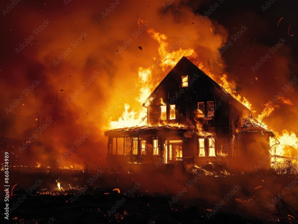 inferno engulfing home dramatic night scene of house consumed by raging flames orange and red hues illuminate billowing smoke with embers floating against dark sky inferno engulfing home dramatic night scene of house consumed by raging flames orange and red hues illuminate billowing smoke with embers floating against dark sky