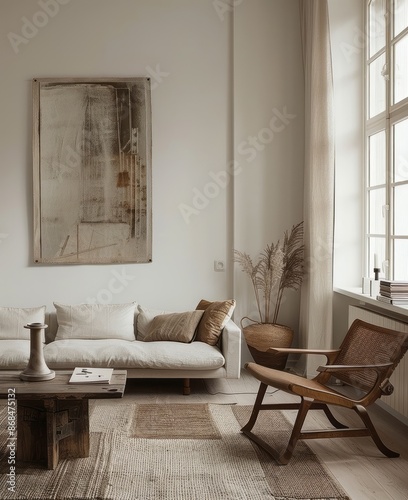 Minimalist interior with white wall, neutral color palette, and abstract art