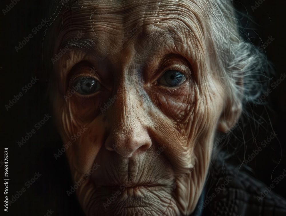 intimate portrait of an elderly woman with deepset wrinkles her piercing gaze reflecting wisdom and resilience soft ambient lighting emphasizing the texture of her weathered skin