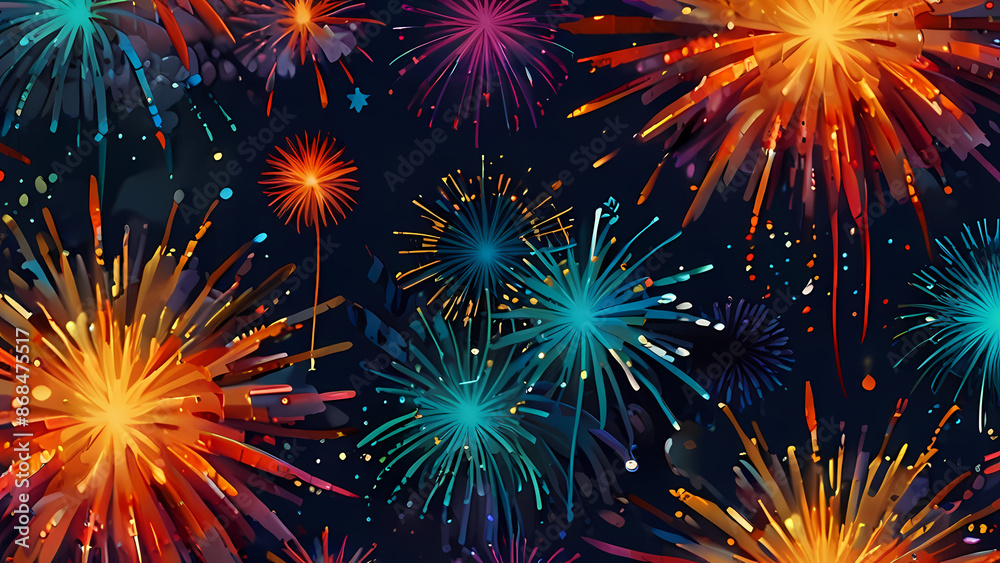 Fototapeta premium Illustration depicting a fantastical scene where fireworks transform into colorful creatures dancing across the sky